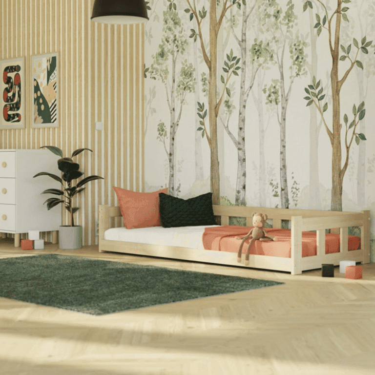 Benlemi Letto Singolo Basso con Recinzione e Parete Laterale Non Verniciato 140x200 CM