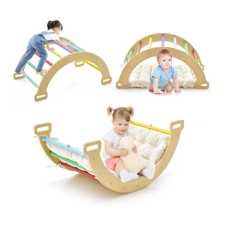 HONEY JOY 3-in-1 Wooden Arch Climbing Playset With Cozy Cushion Multicolour