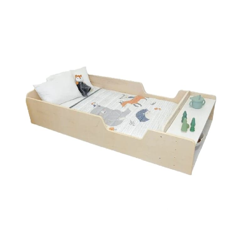 Sapiens Child Apple Floor Bed With Rails and Shelves Twin Maple