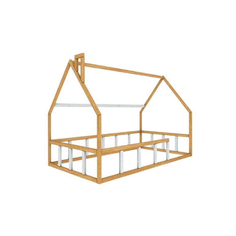 BusyWood Floor Bed With Railings Queen Size Natural White