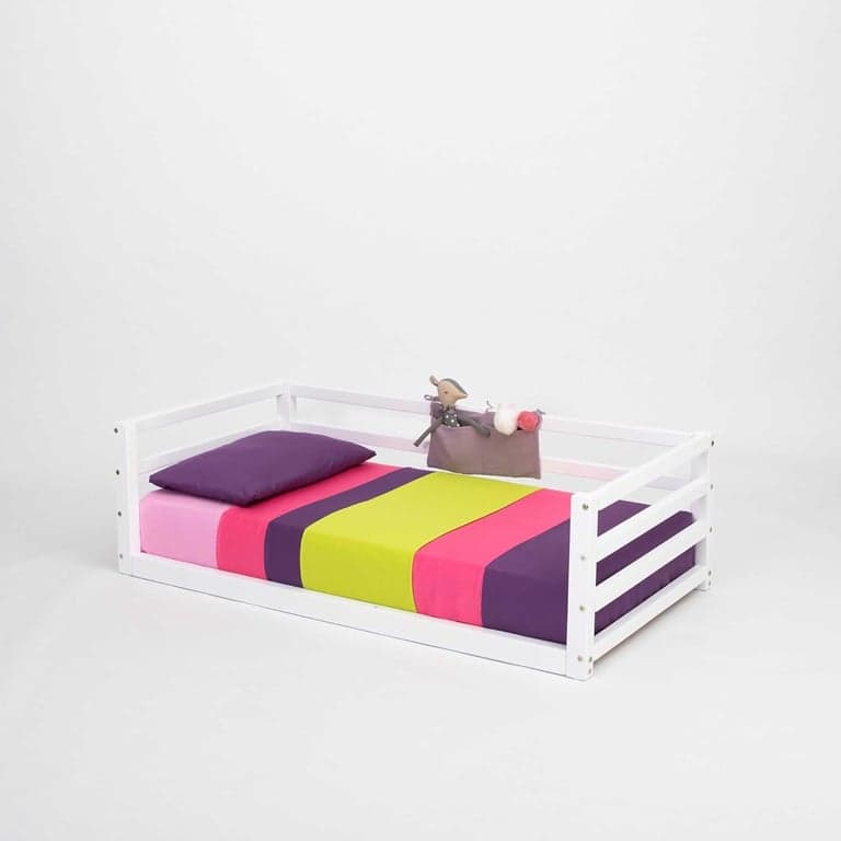 Sweet Home From Wood Montessori Floor Bed With Horizontal Rails on 3 Sides Twin White