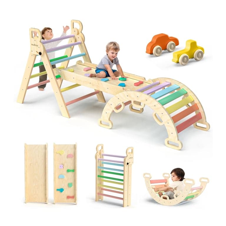 BlueWood Pikler Triangle Set 7-in-1 Foldable Baby Climbing Toys Rainbow