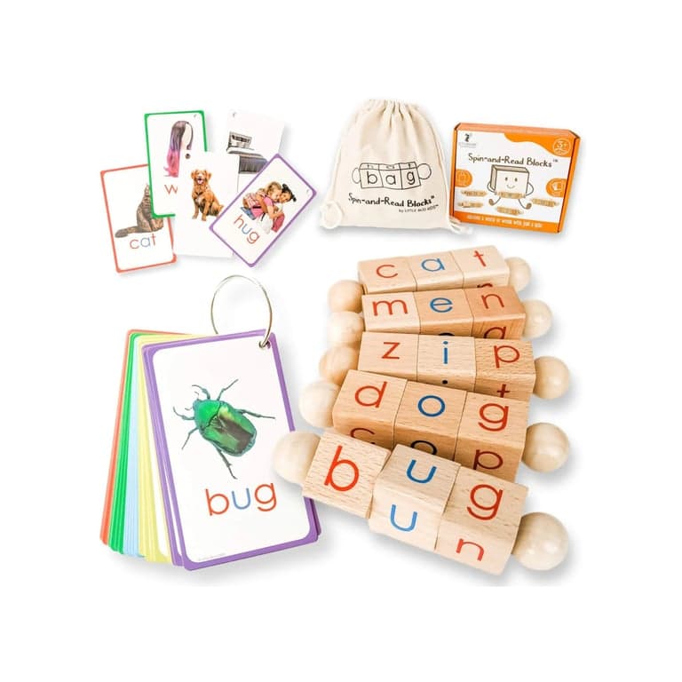 Little Bud Kids Spin-and-Read Phonetic Blocks and CVC Phonics Flashcard Set