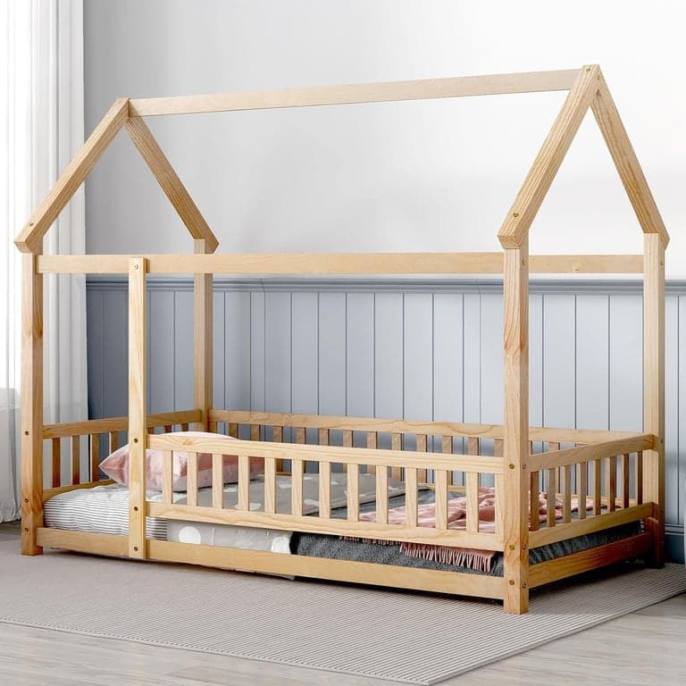 Tatub Twin House Floor Bed With Rails Natural