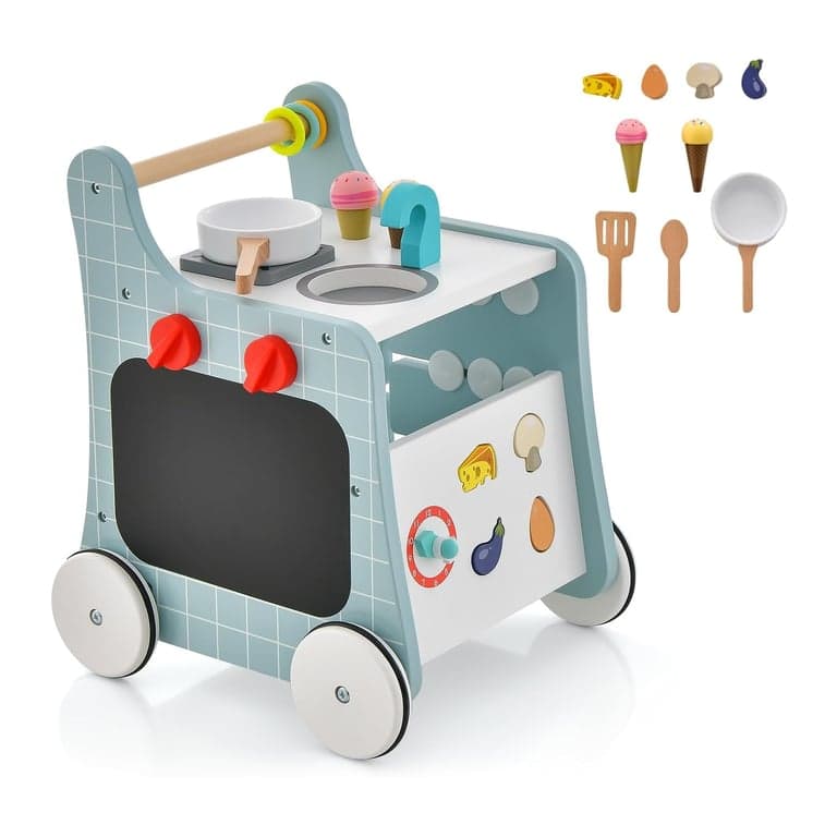 BABY JOY 6 in 1 Wooden Baby Walker With Play Kitchen Blue