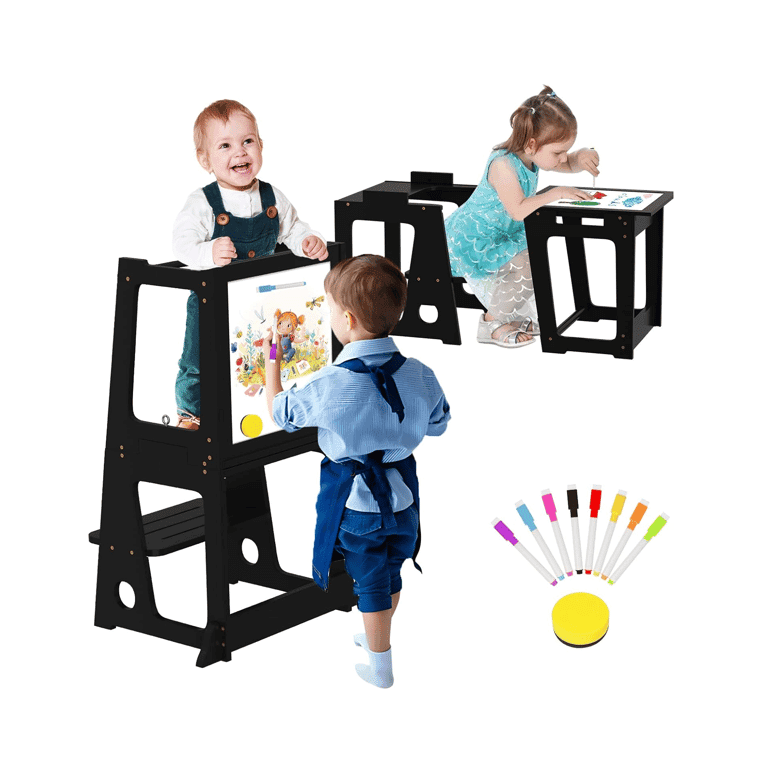 BueDeHai Convertible Toddler Tower With Whiteboard 2 in 1 Black