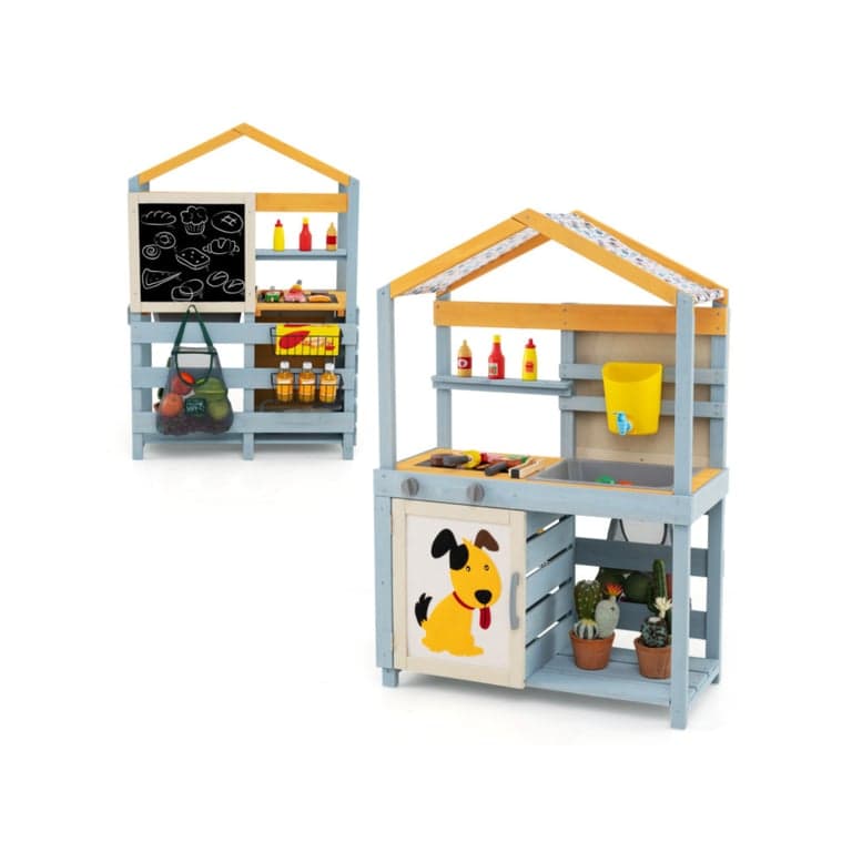 Costway 2-in-1 Wooden Mud Kitchen Double-Sided With BBQ Grill