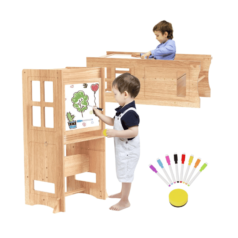 BueDeHai Adjustable Toddler Tower With Whiteboard Natural