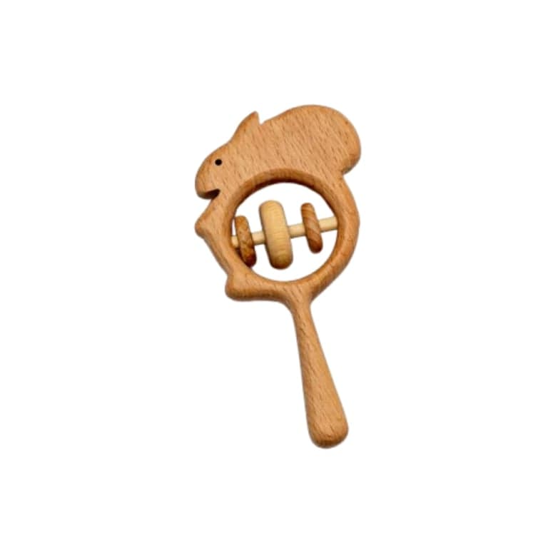 PoppyBabyCo Organic Wooden Rattle Toy Squirrel