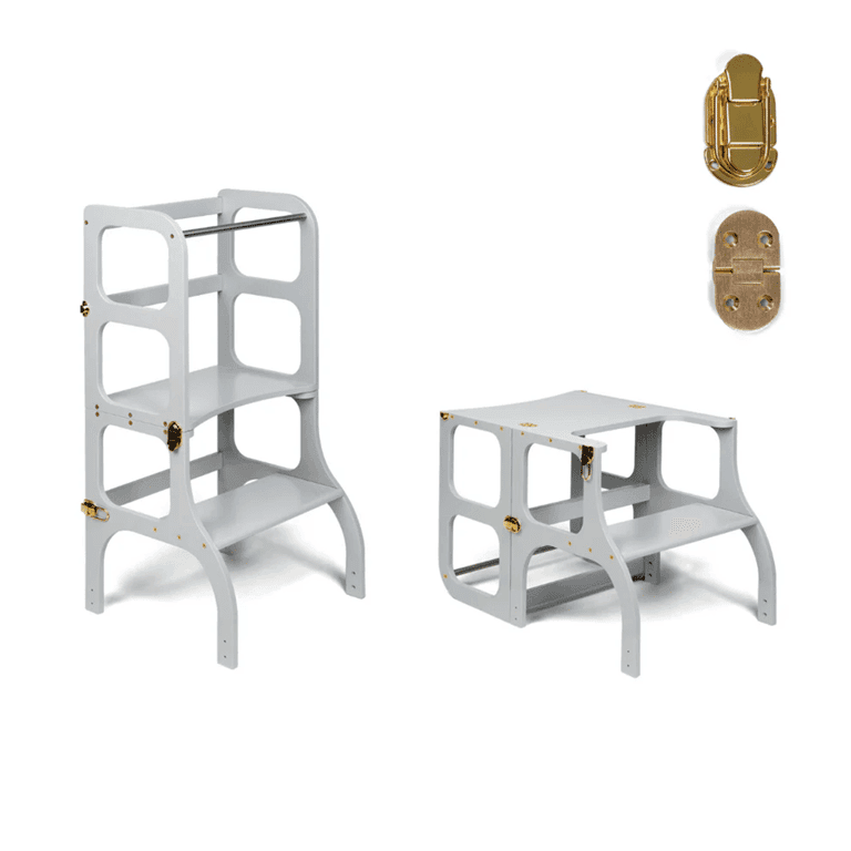 Ette Tete STEP'n'SIT® Torretta Aiuto Tavolo Convertibile 2-in-1 Grigio Con Chiusure a Scatto Dorate