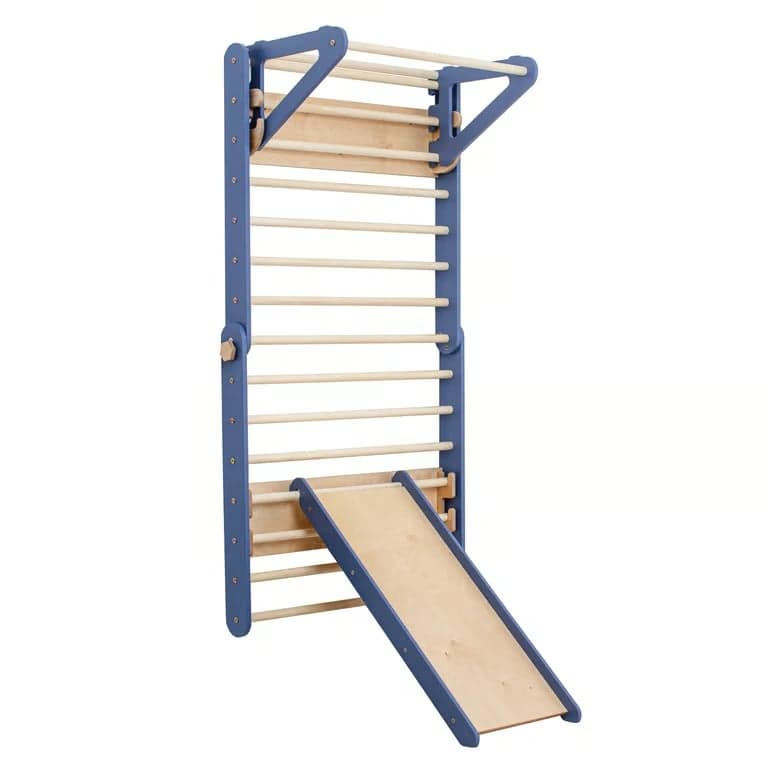 Duck Woodworks Parete da Arrampicata Svedese con Scivolo Blu