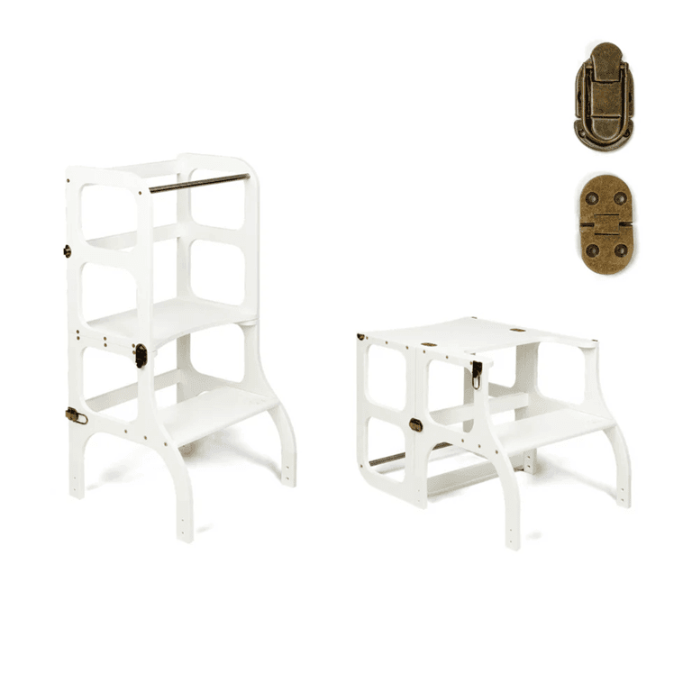 Ette Tete STEP'n'SIT® Torretta Aiuto Tavolo Convertibile 2-in-1 Bianco Con Chiusure a Scatto in Ottone