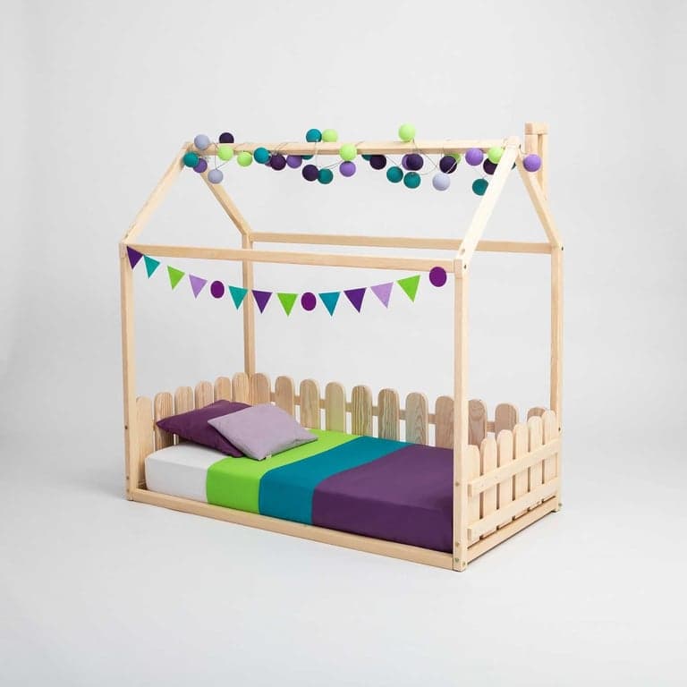 Sweet Home From Wood House-Shaped Floor Bed With Slats Full Non Painted Birch
