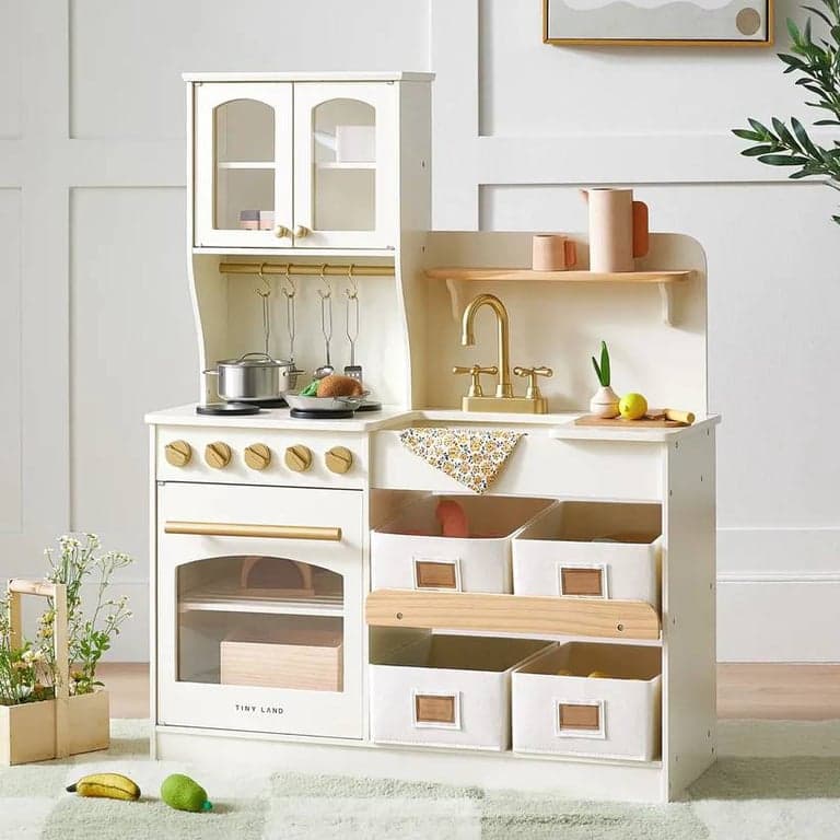 Tiny Land Wooden Play Kitchen with Storage Cream