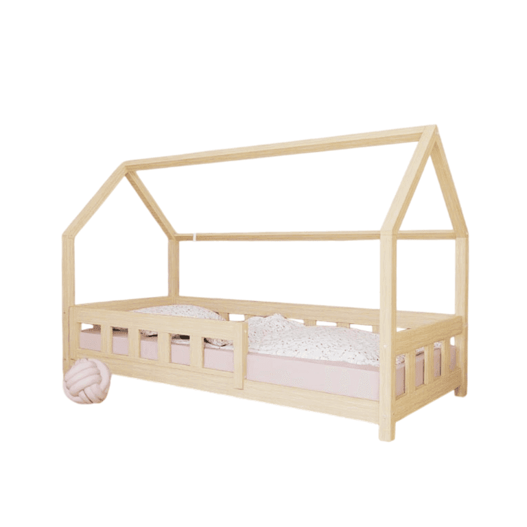 Benlemi Letto a Casetta Plotty con Pannello Laterale e Sponda di Sicurezza Anteriore Non Verniciato 140x200 CM