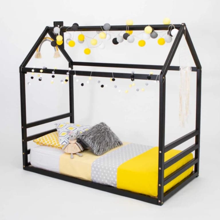 Sweet Home From Wood House Floor Bed Frame With a Horizontal Headboard and Footboard Twin Black