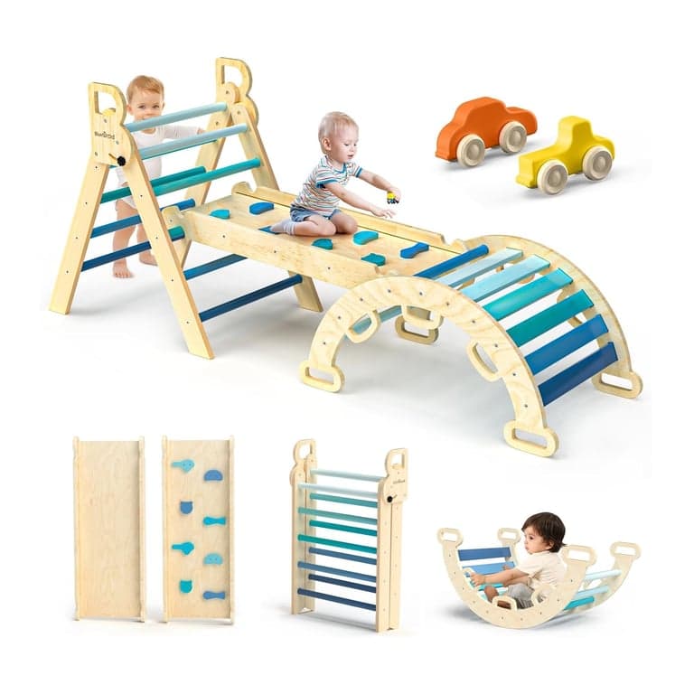 BlueWood Pikler Triangle Set 7-in-1 Foldable Baby Climbing Toys Sky Blue