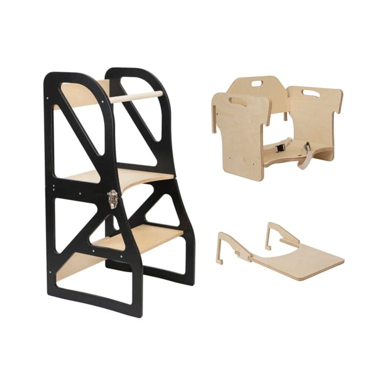 Lumbary Torre da cucina trasformabile Passo sicuro e seggiolone, set nero