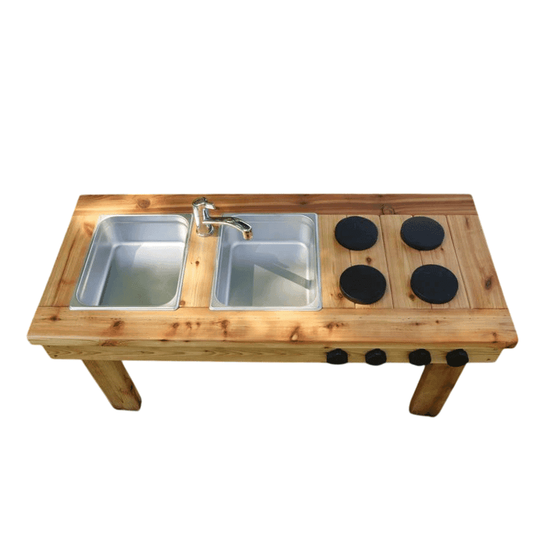 Noble Wooden Toys Simple Mud Kitchen With Working Sink, Steel Faucet, 1 Drain, and Stove, No Finish
