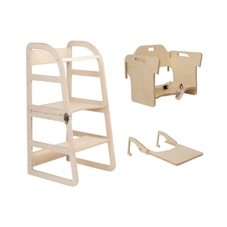 Lumbary Torre da cucina trasformabile con gradino elegante e seggiolone coordinato, naturale