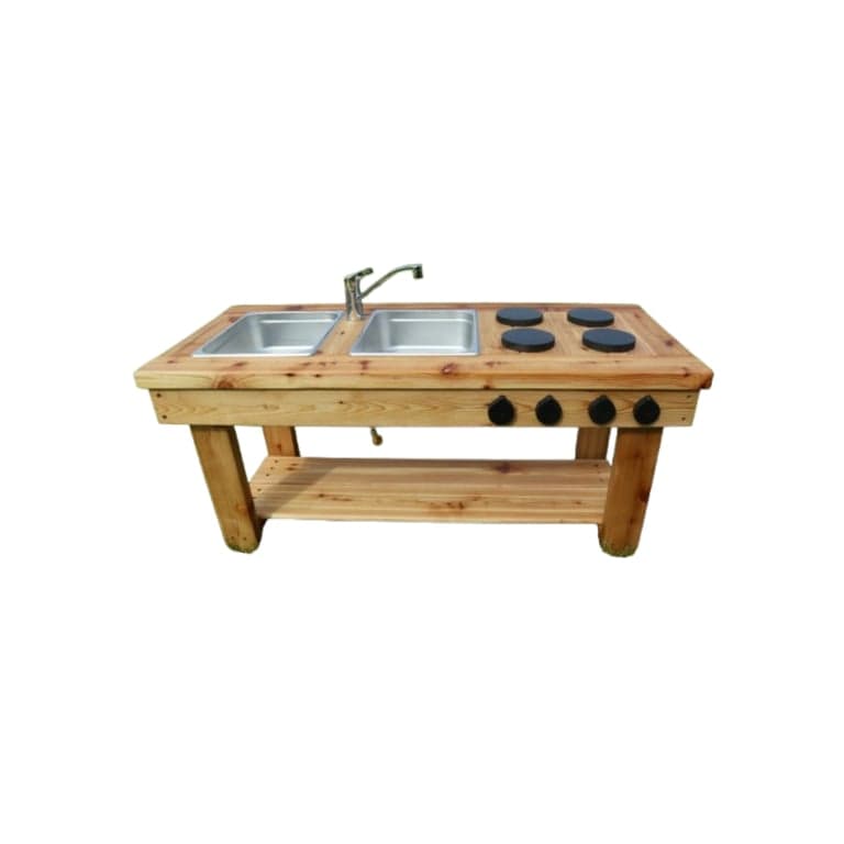 Noble Wooden Toys Mud Kitchen With Working Sink, Steel Faucet, 1 Drain & Stove