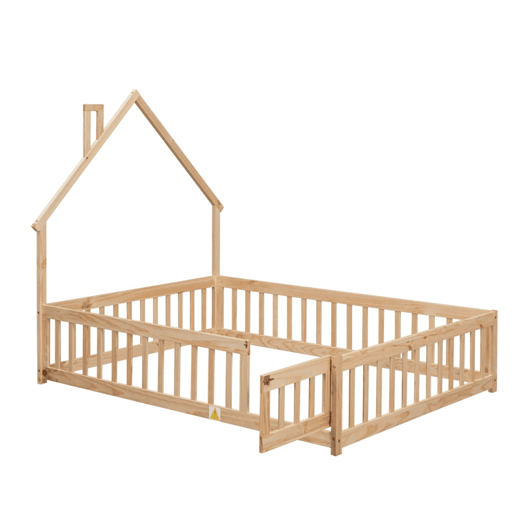 Bellemave Full Size Floor Bed With House Shape Headboard, Rails, and Door Natural
