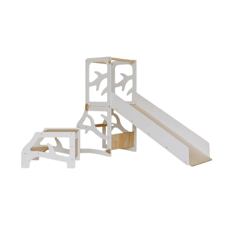 Weco Torre da Cucina Design Albero 4 in 1 con Scivolo e Sgabello Bianco