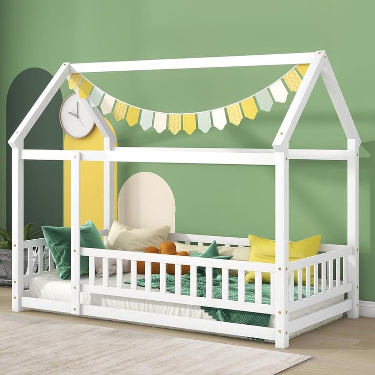 Tatub Twin House Floor Bed With Rails White