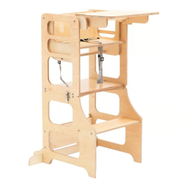 Duck Woodworks Shop 2-in-1 Torre Convertibile per Bambini e Seggiolone in Legno Naturale