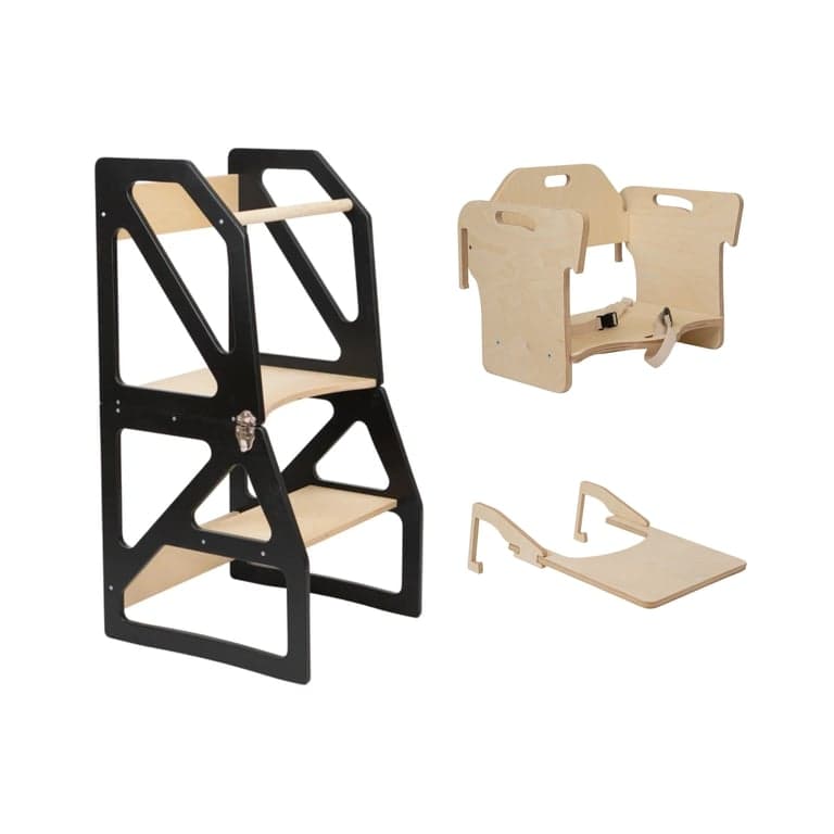 Lumbary Torre da cucina trasformabile Modustep e seggiolone con set di conversione Nero