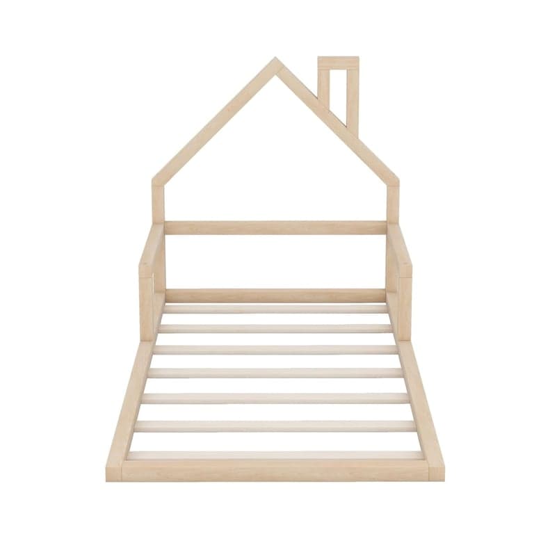 Meritline Twin Size Floor Bed Frame With House-Shaped Headboard Natural
