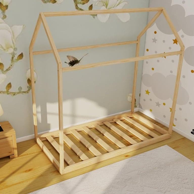 Wood and Montessori House-Shaped Queen Floor Bed With Slats