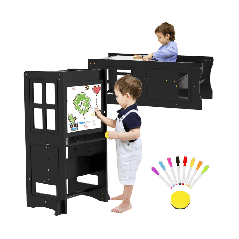BueDeHai Adjustable Toddler Tower With Whiteboard Black