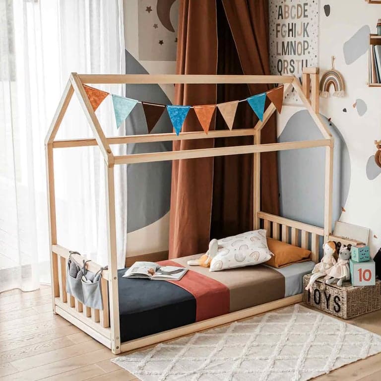 Sweet Home From Wood House Floor Bed With Headboard and Footboard Queen Pine Wood