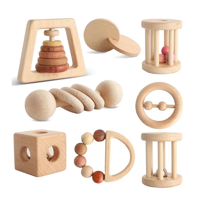 MLYEY 8-Piece Rattle Set Wooden