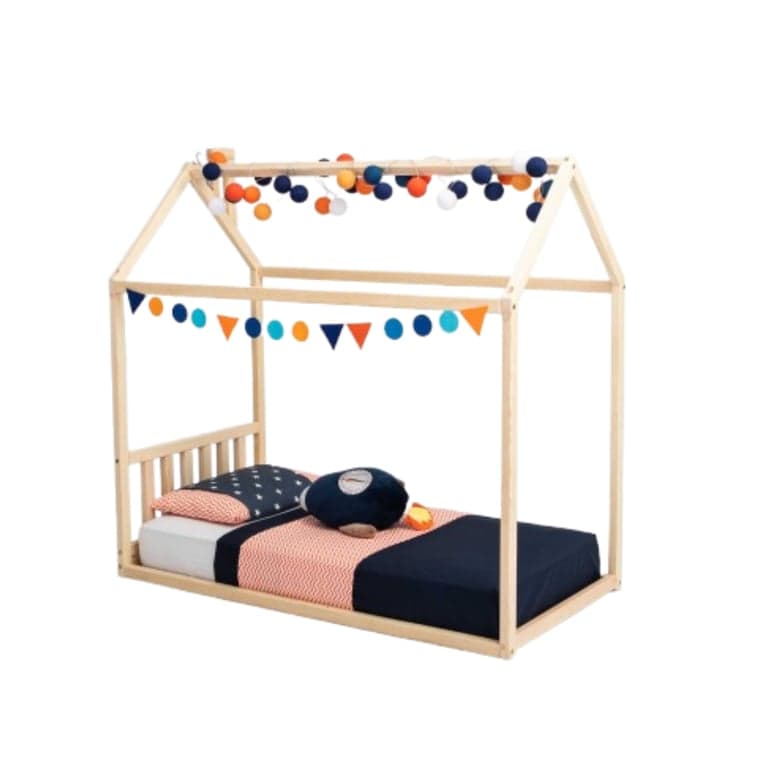 Sweet Home From Wood House-Frame Bed With a Headboard Twin Non-Painted Pine Wood