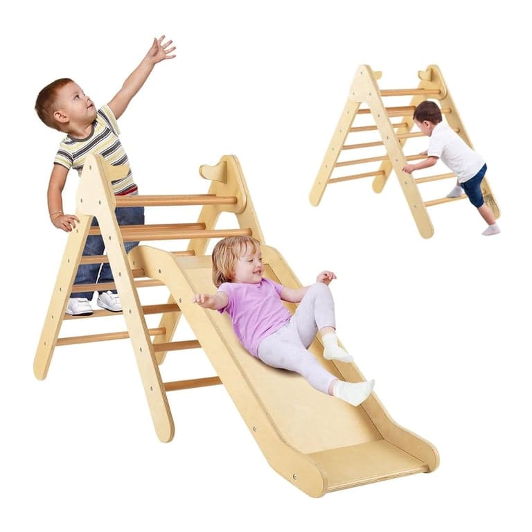 Honey Joy 2-in-1 Pikler Triangle With Ramp Slide Natural