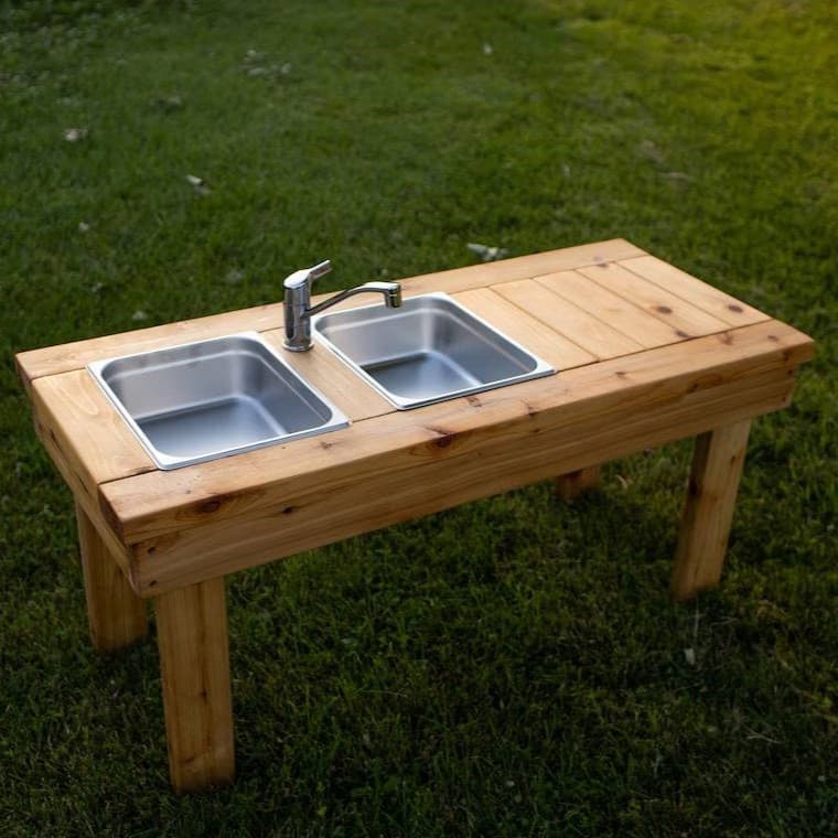 Noble Wooden Toys Mud Kitchen With Working Sink, Faucet, and 2 Drains