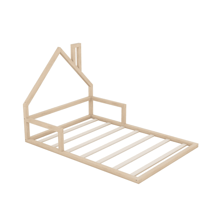 Meritline Full Size Floor Bed Frame With House-Shaped Headboard Natural