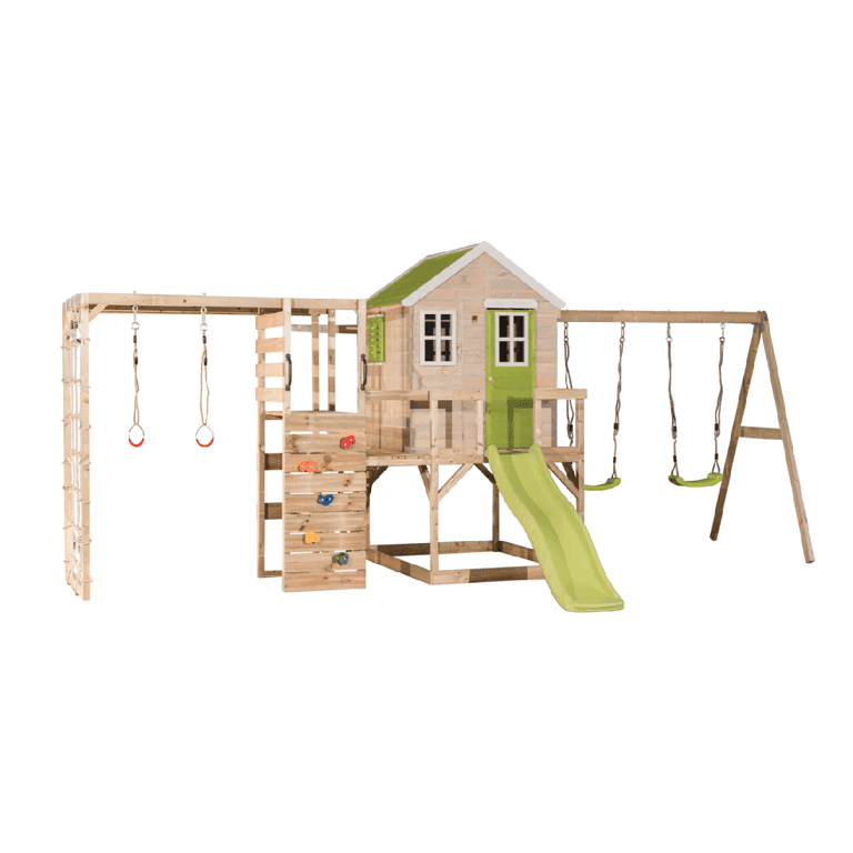 Wendi Toys My Lodge Altalena con Piattaforma, Scivolo, Doppia Altalena e Allegato Palestra Lime