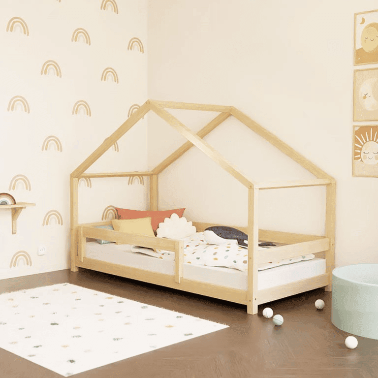 Benlemi Letto Casetta Lucky Con Parapetto Rigido Decorazione Naturale 120 x 200