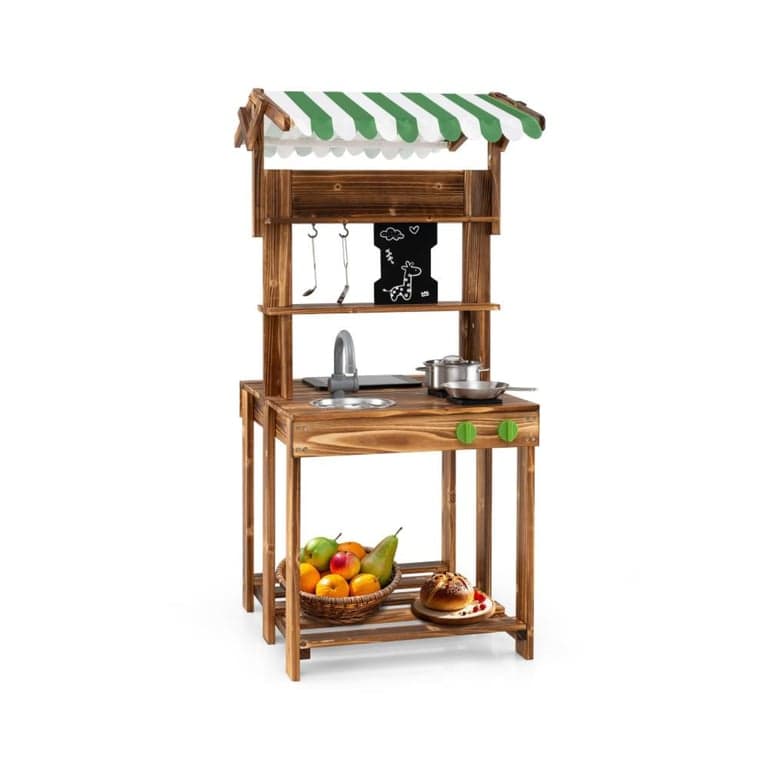 Costway Double-Sided Mud Kitchen With Canopy and Chalkboard