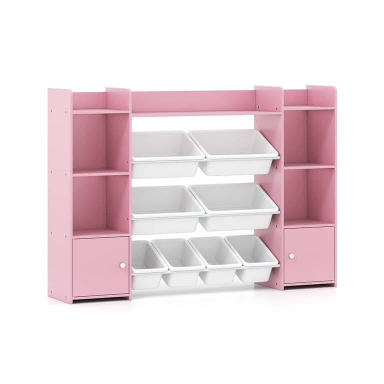 Costway Large Toy Storage Organizer With 8 Removable Bins and Bookshelf 56 Inch Pink