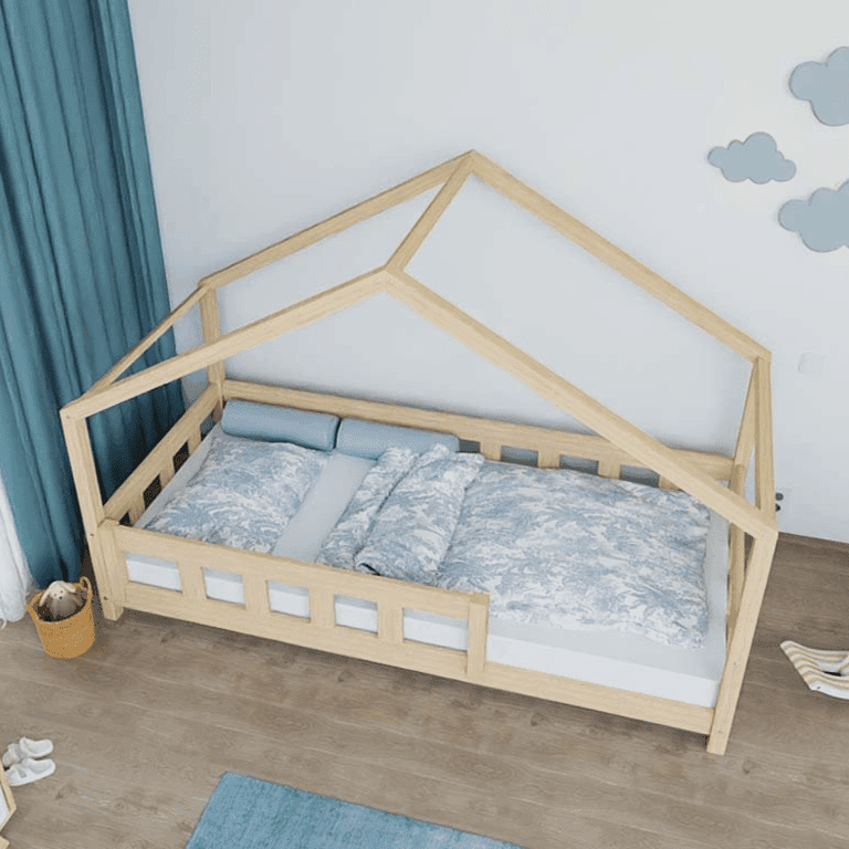 Benlemi Letto a Casa Plotty Con Pannello Frontale e Barra di Sicurezza Frontale Non Verniciato 120x200 CM