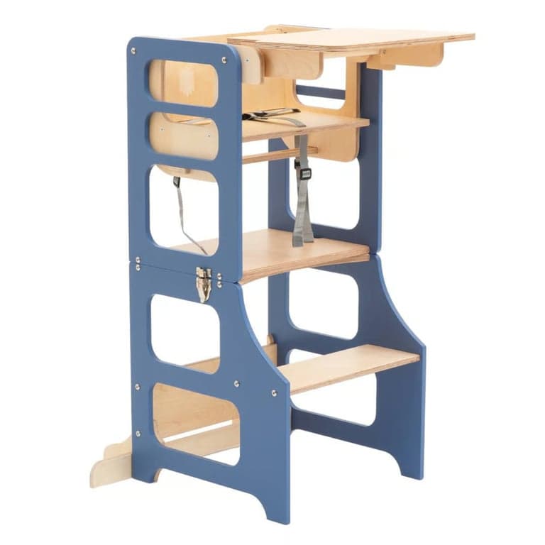 Duck Woodworks Shop Torre per Bambini e Seggiolone Convertibile 2 in 1 Blu