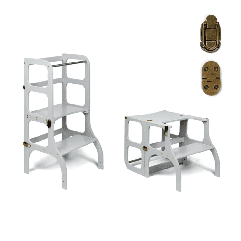 Ette Tete STEP'n'SIT® Torre di Aiuto Tavolo Convertibile 2-in-1 Grigio Con Chiusure a Scatto in Ottone