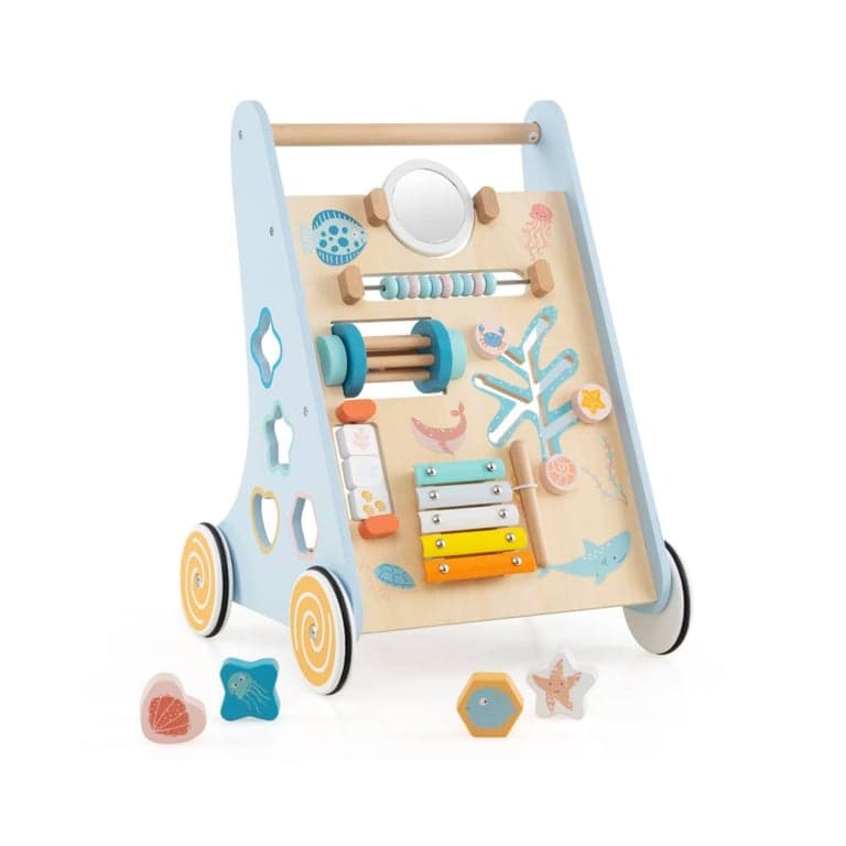 Costway Wooden Baby Walker Push and Pull Learning Activity Center With Wheels Blue