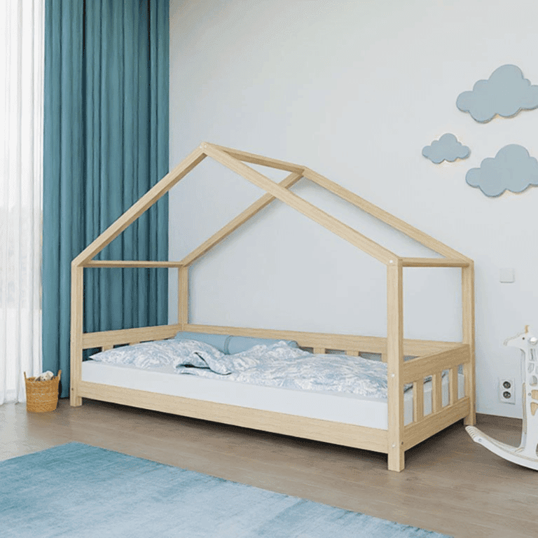 Benlemi Letto a Casa Plotty con Pannello Frontale e Ingresso Aperto Non Verniciato 80x160 CM