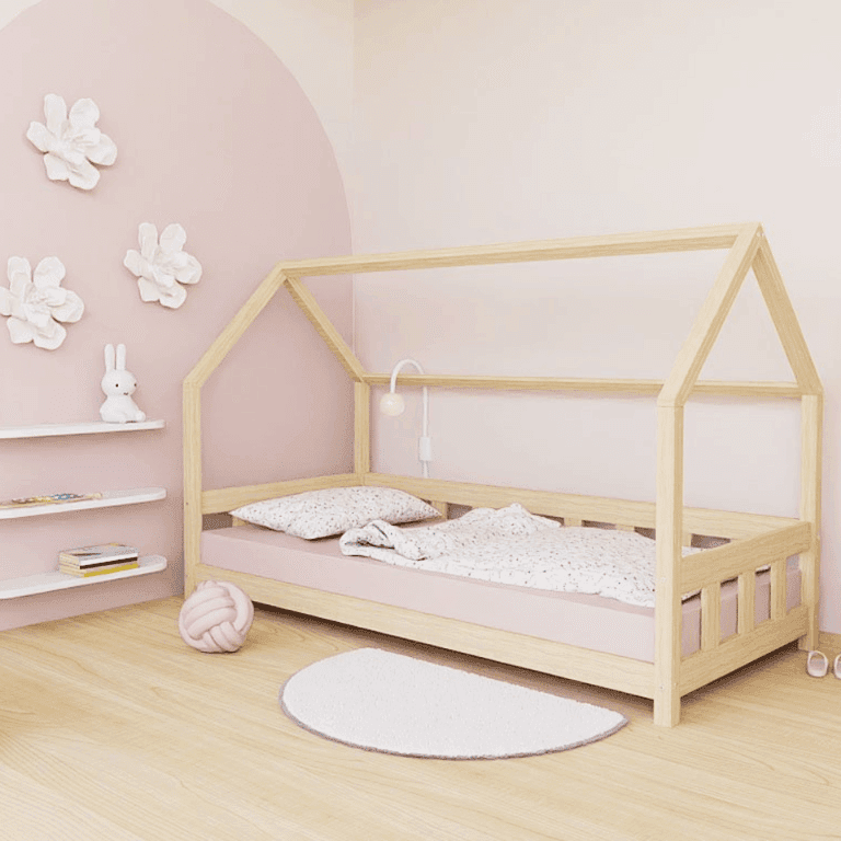 Benlemi Letto a Casa Plotty con Pannello Laterale e Ingresso Aperto Non Verniciato 90x190 CM