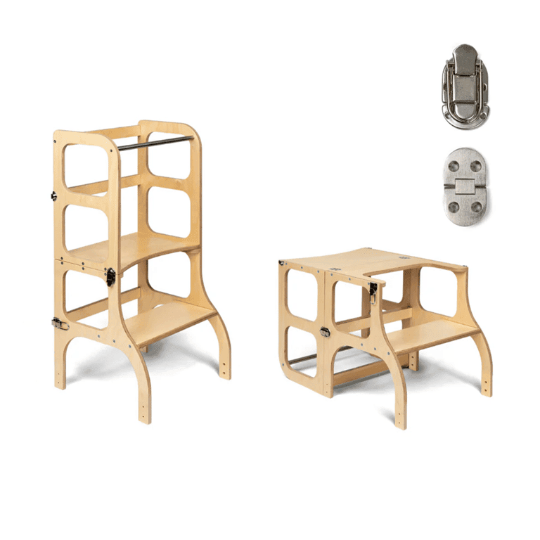 Ette Tete STEP'n'SIT® Torretta Helper Tavolo Convertibile 2-in-1 in Legno con Chiusure a Scatto Argento